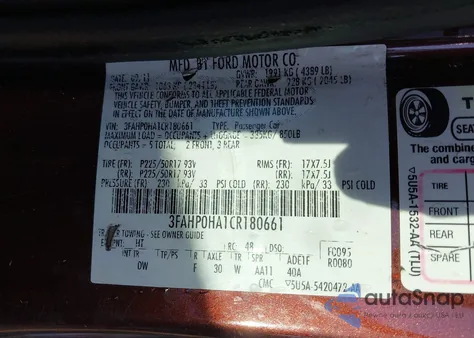 2012 Ford Fusion Se z USA, uszkodzony, nr VIN 3FAHP0HA1CR180661